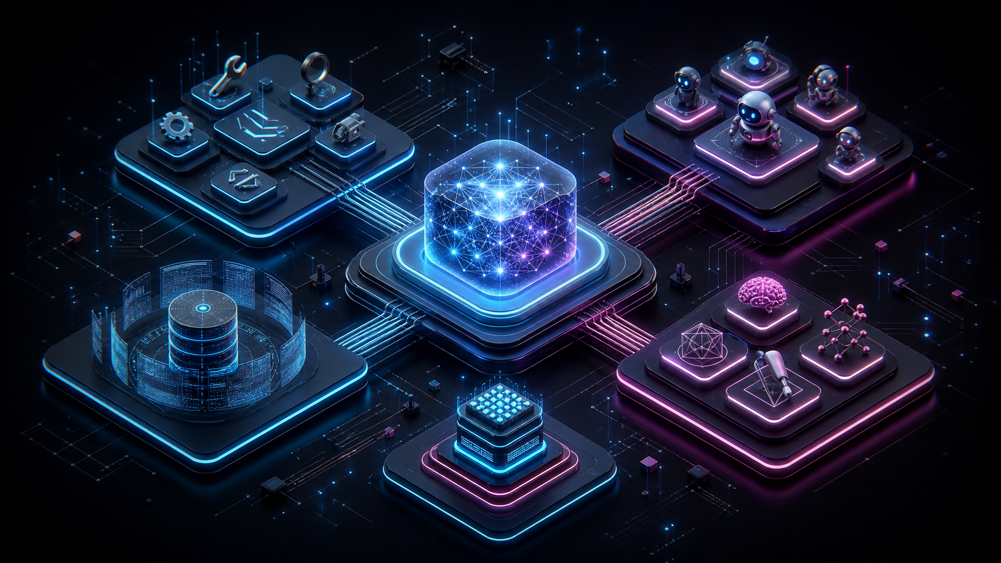Isometric illustration of a layered AI development stack — a glowing core LLM node branching to modular blocks for tools, agents, a memory layer, and skills, on a dark background with neon accents
